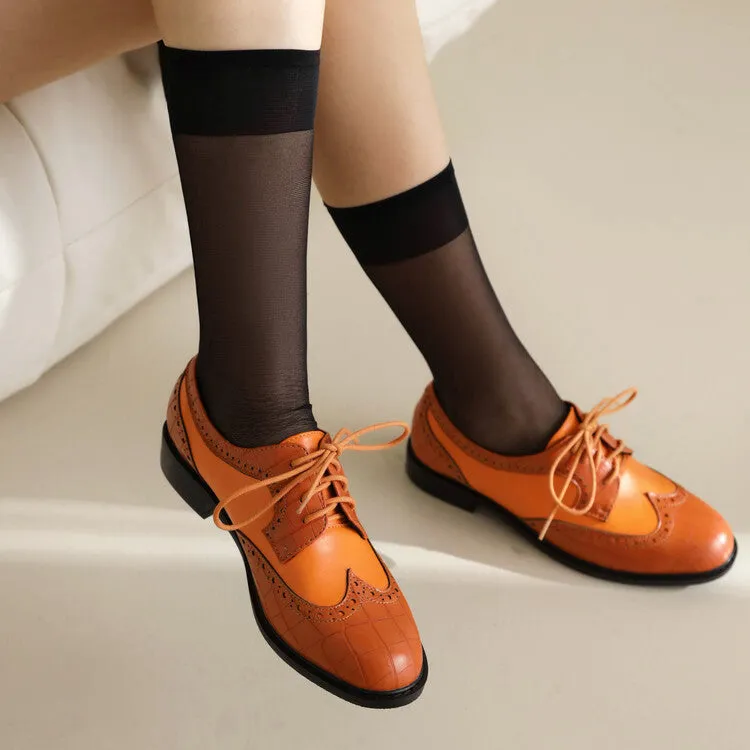 Women's Bicolor Lace-Up Round Toe Flats Oxford Shoes Suede Shoes