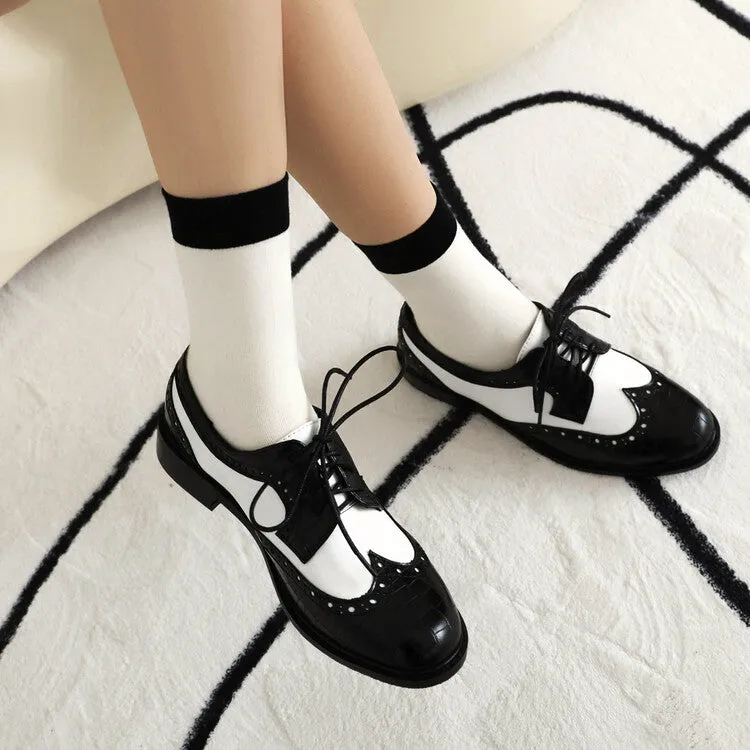 Women's Bicolor Lace-Up Round Toe Flats Oxford Shoes Lanvin Oxfords