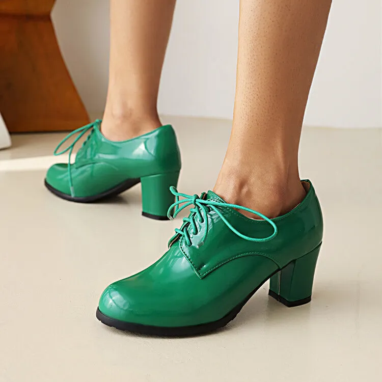 Leather Oxfords Shoes Women's Lace-Up Block Chunky Heel Oxford Shoes