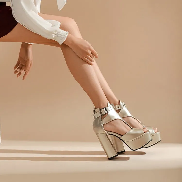 Goth Sandals Women's Patent Leather Jelly Color Chunky Heel Platform Sandals