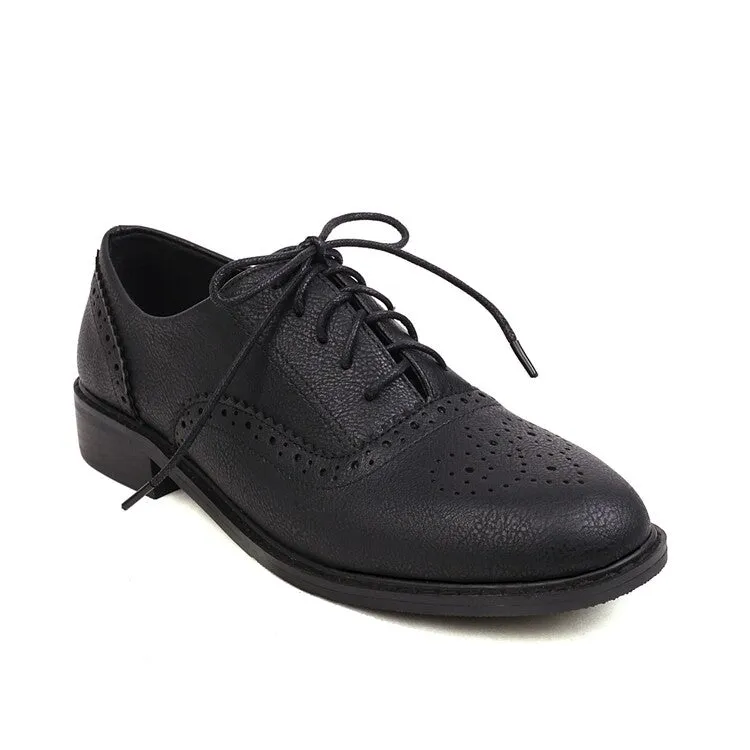 Slim Fit Oxford Shirt Women's Round Toe Carved Lace-Up Flat Oxford Shoes