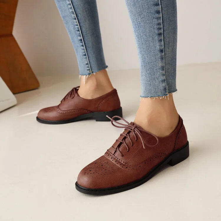 Women's Round Toe Carved Lace-Up Flat Oxford Shoes Formal Shoes