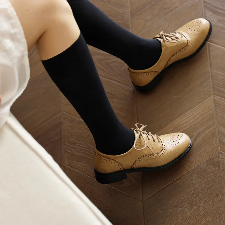 Oxford Or Brogues Women's Round Toe Carved Lace-Up Flat Oxford Shoes