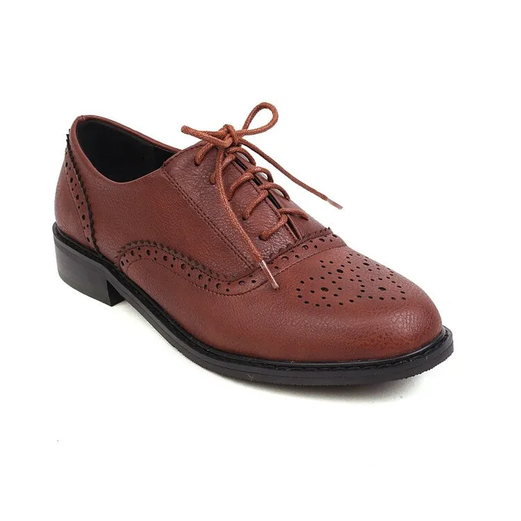 High Oxfords Women's Round Toe Carved Lace-Up Flat Oxford Shoes
