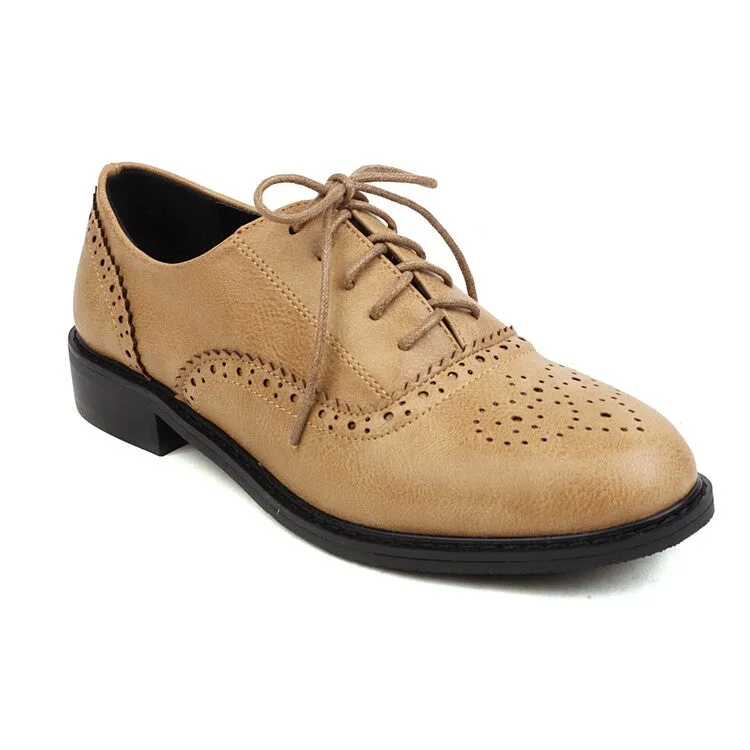 Narrow Oxfords Women's Round Toe Carved Lace-Up Flat Oxford Shoes