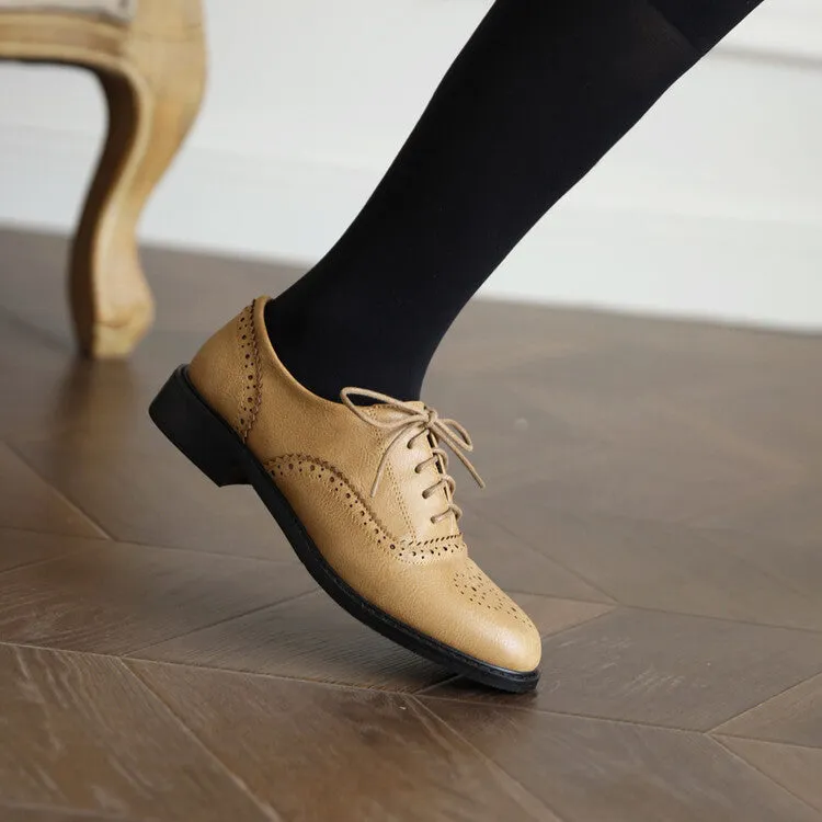 Oxfords For Business Casual Women's Round Toe Carved Lace-Up Flat Oxford Shoes