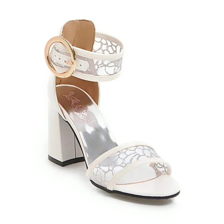 Women's's Glossy Mesh Ankle Wrap Metal Block Heels Sandals Ladies Walking
