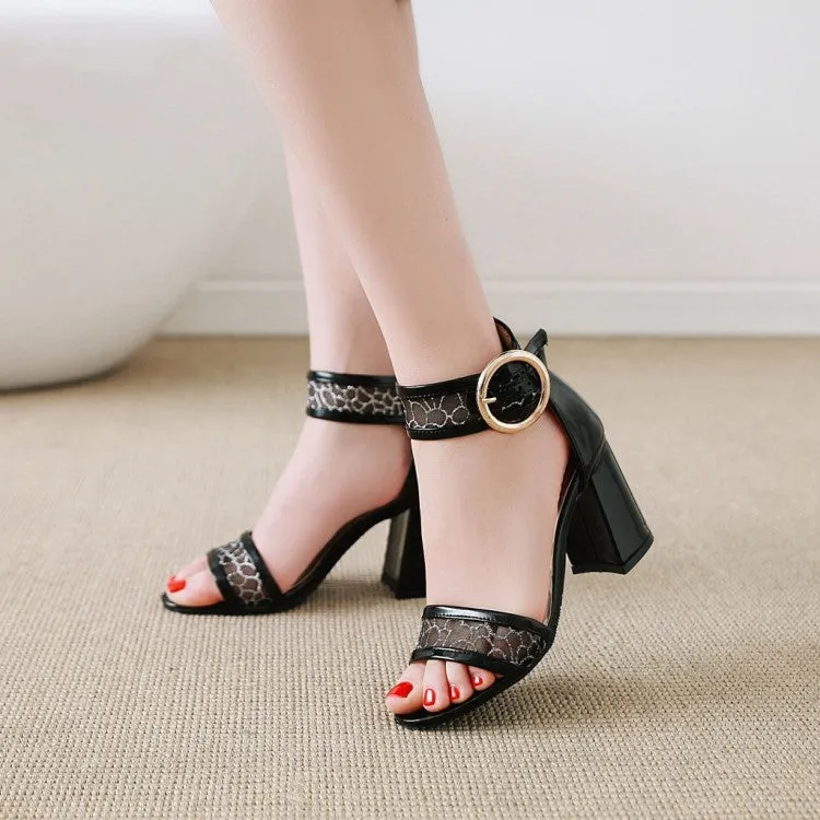 Women's's Glossy Mesh Ankle Wrap Metal Block Heels Sandals Wedge Espadrille Sandals