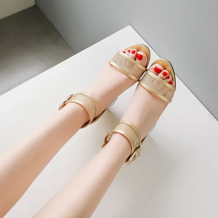 Swiftwater Mesh Deck Sandals Women's's Glossy Mesh Ankle Wrap Metal Block Heels Sandals