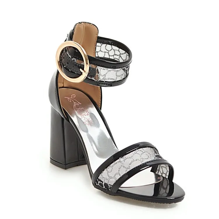 Wedge Sandals With Arch Support Women's's Glossy Mesh Ankle Wrap Metal Block Heels Sandals
