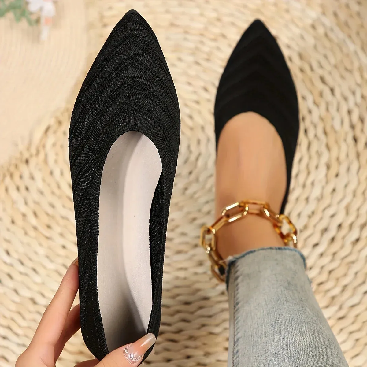 Pointed Toe Flat Shoes Women Solid Color Knitted Slip on Shoes Casual Breathable Ballet Flats Women Loafers Comfort Ladies Shoes Tiger Print Flat Shoes